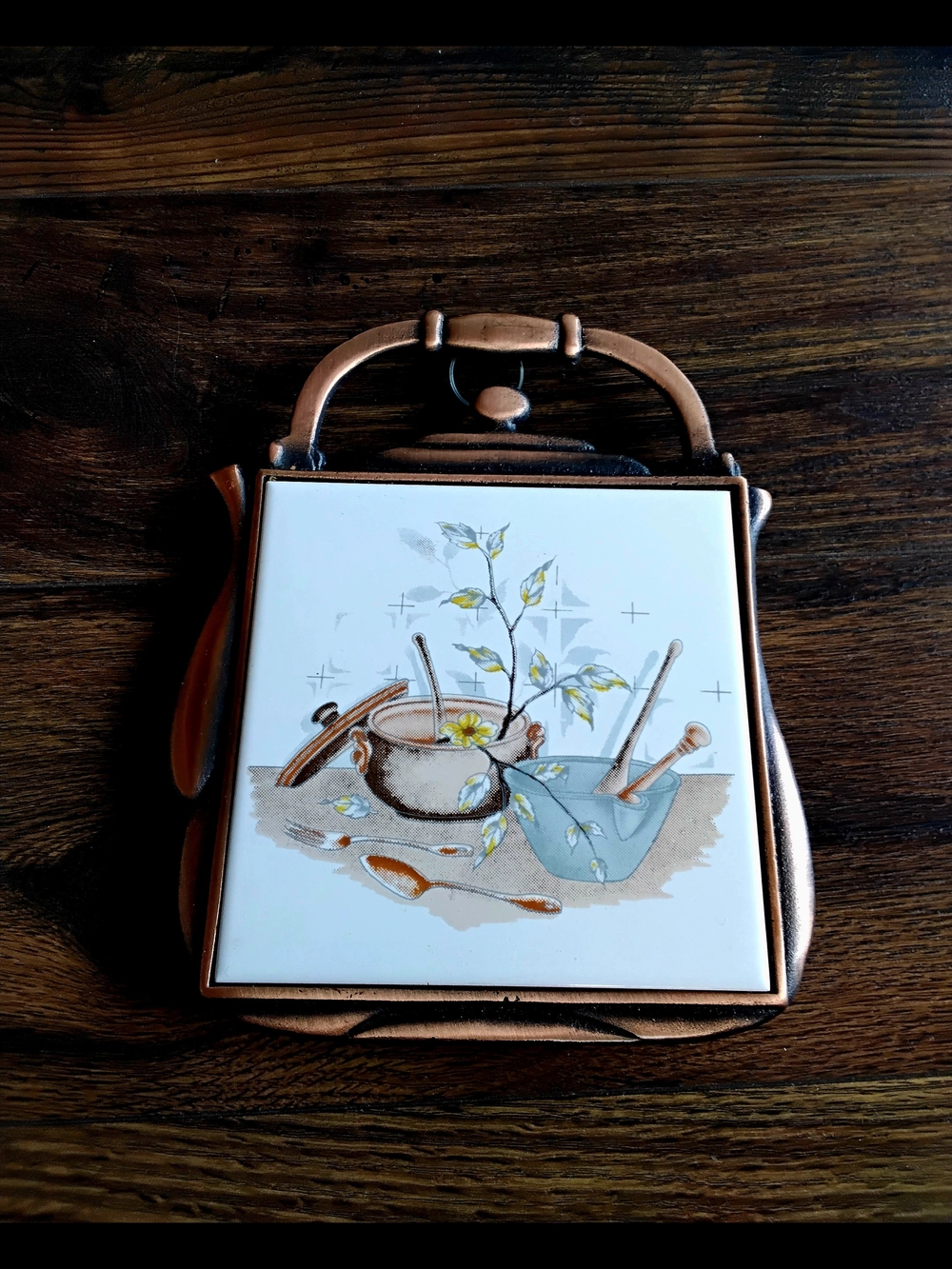 Vintage Ceramic Tile Trivet Or Wall Hanging with Copper-Tone Teapot Frame